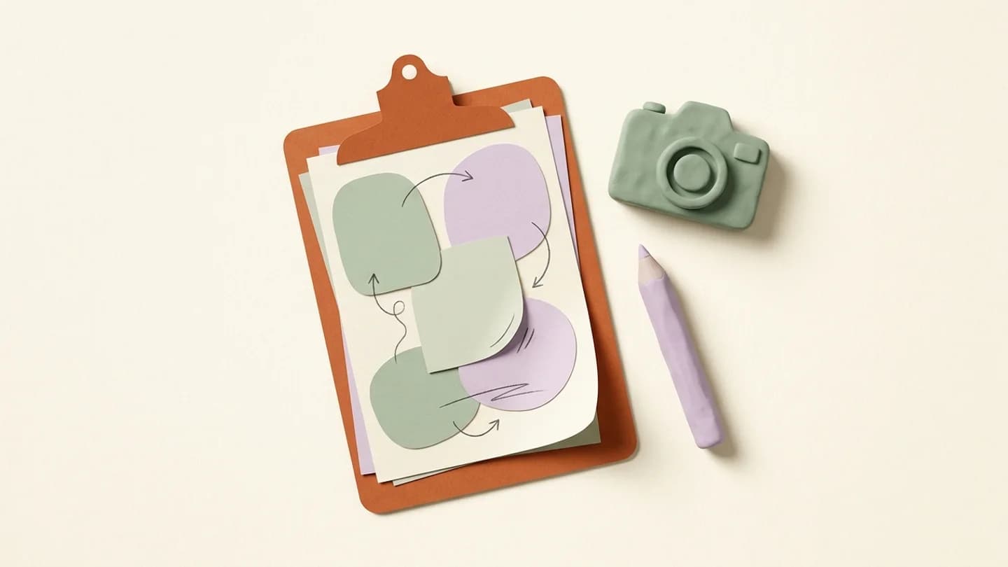 An open orange clipboard with blank paper shapes, a small sage camera reference and a lavender pencil, top-down editorial arrangement.