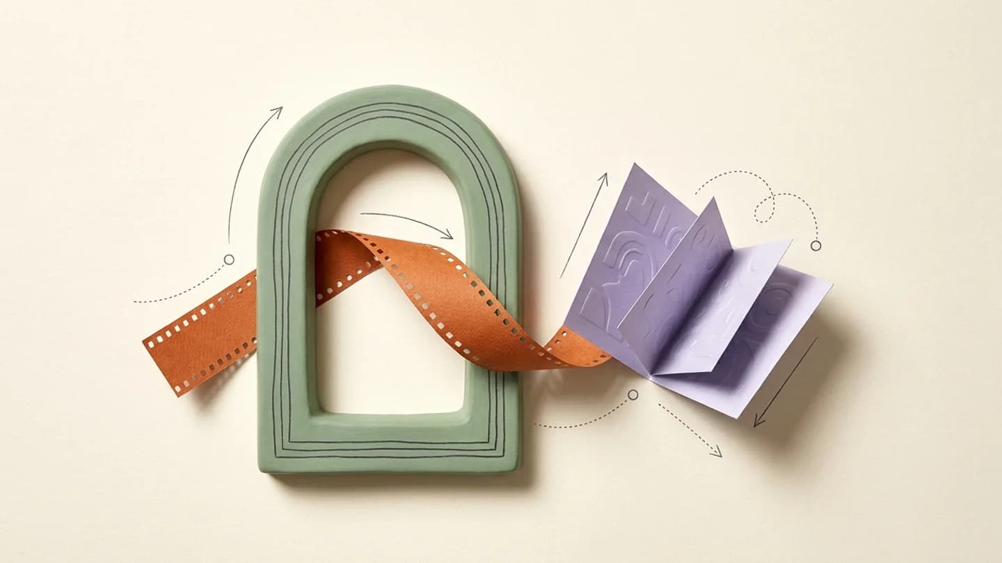 An orange film ribbon passing through a sculptural sage frame and splitting into three beautifully folded lavender paper cards, content recycling editorial art.